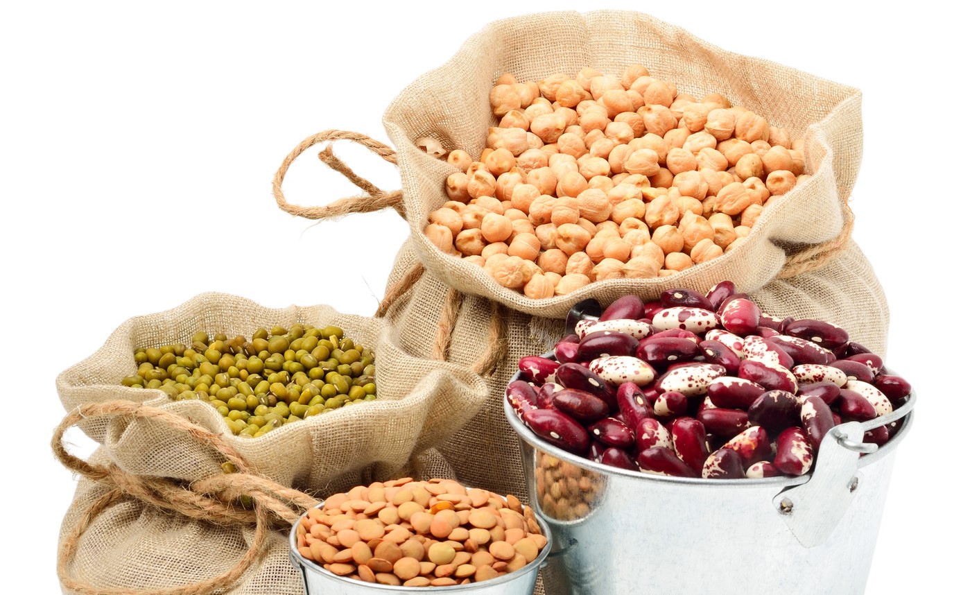 chick-pea, mung beans, kidney-beans in the sacks isolated on white